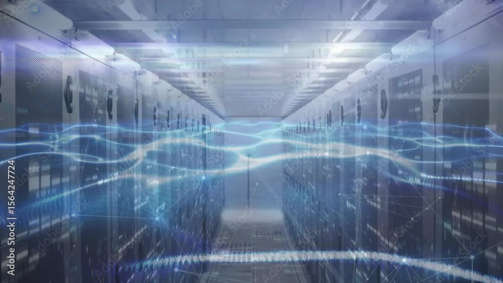 Poster blue lines materializing inside server racks corridor and rippling to visualize nonstop data flow