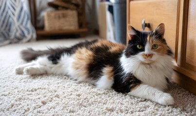 a photo of an obese calico cat lounging on the carpet in her bedroom, Generative AI