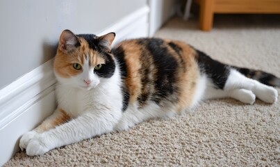 a photo of an obese calico cat lounging on the carpet in her bedroom, Generative AI