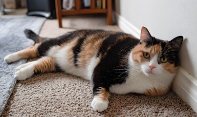 a photo of an obese calico cat lounging on the carpet in her bedroom, Generative AI