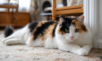 a photo of an obese calico cat lounging on the carpet in her bedroom, Generative AI