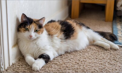 a photo of an obese calico cat lounging on the carpet in her bedroom, Generative AI