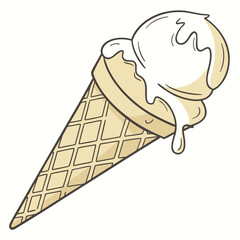 Vanilla ice cream cone melting on white sweet dessert