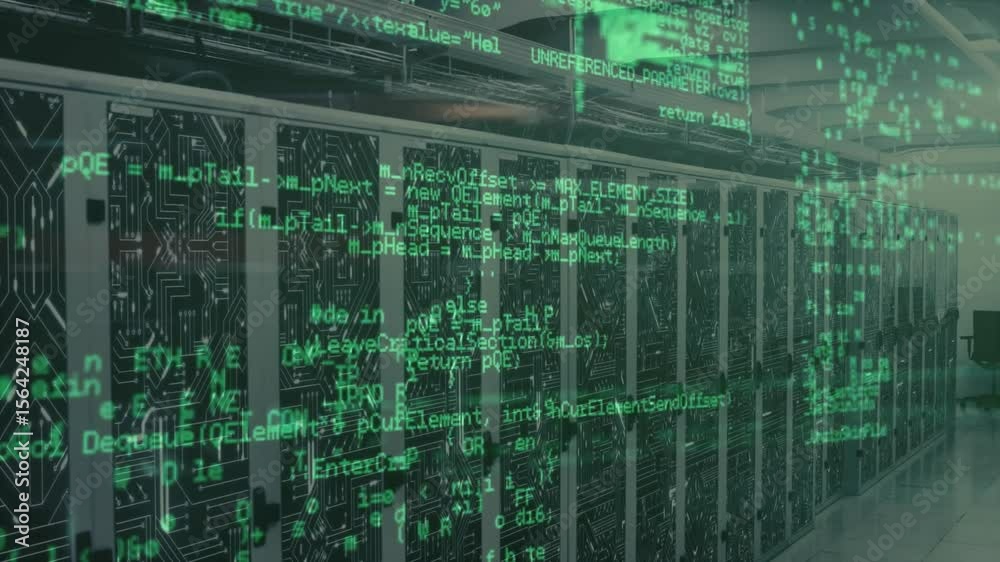 Poster green pseudocode starting along server cabinets flowing shifting fading visualizing data flow