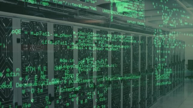 Green pseudocode starting along server cabinets flowing shifting fading visualizing data flow