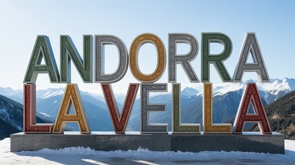 Andorra la Vella Colorful Sign with Snowy Mountain Landscape Background, Winter Tourism Landmark in Pyrenees, Andorra