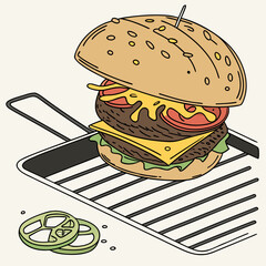 Juicy burger with melted cheese on grill hamburger