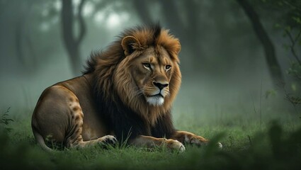 Obraz premium Majestic male lion rests in grassy savanna with blurred trees in the background, a powerful animal portrait.