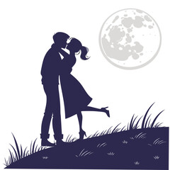 Couple kissing under full moon silhouette night