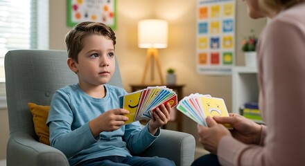 A young boy explores feelings and emotions using colorful emotion cards with an adult.