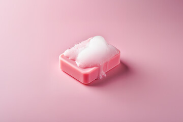 Bar of pink soap with suds and foam, isolated on a pink background