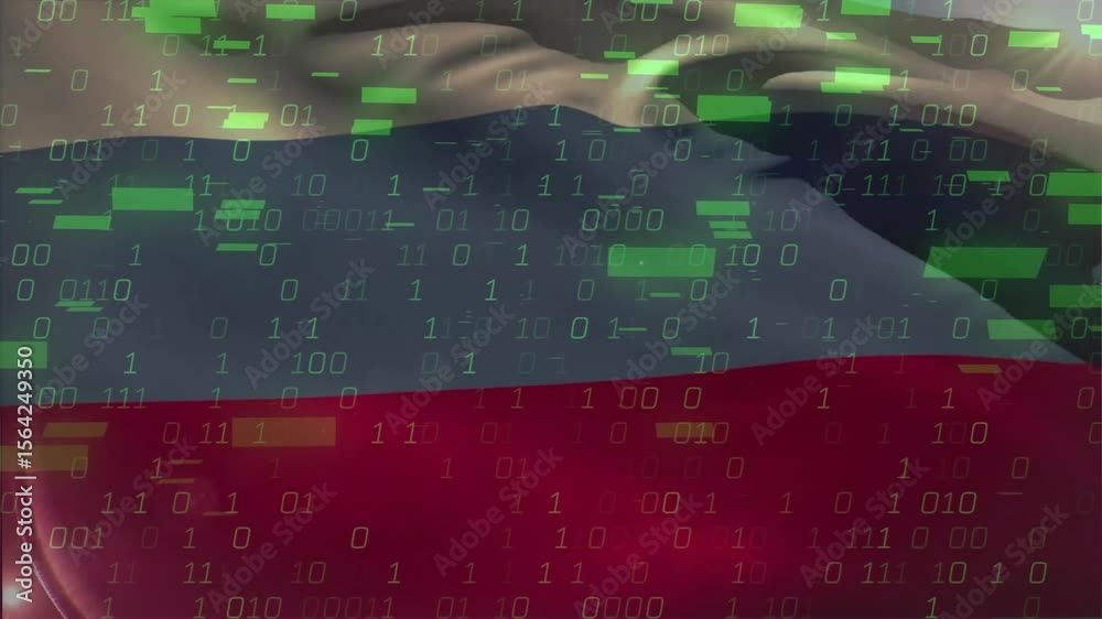 Poster billowing tricolor flag initiating binary digits and blocks multiplying, cascading across stripes