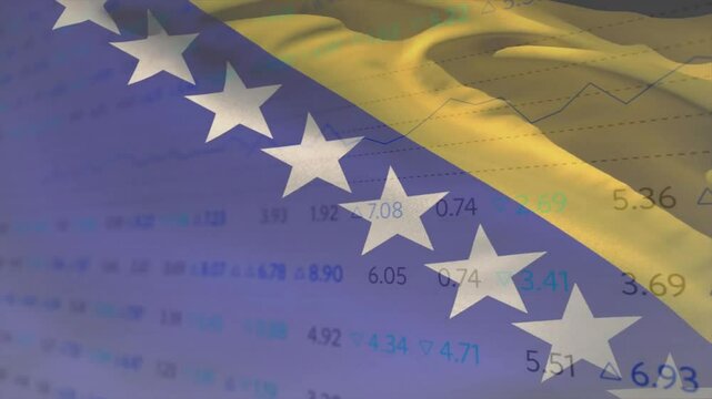 3D Bosnian flag emerging from left frame, wind folding rippling cloth while market data updating