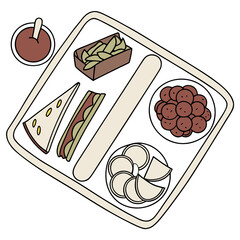 Beige tray with brown meatballs green fries and sandwich