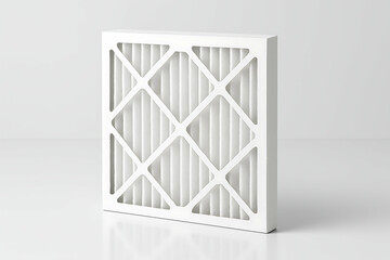 furnace, filter, air. A clean, white pleated air filter with a geometric crisscross pattern on a plain white background.