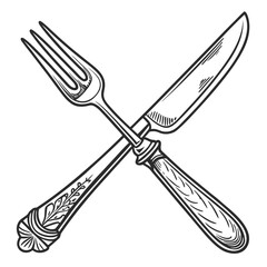 Ornate fork and knife crossed cutlery silverware