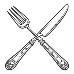 Crossed fork and knife with decorative handles cutlery