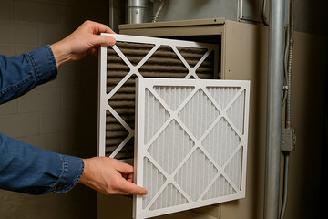 furnace, filter, air. A person is replacing a dirty air filter with a clean one in a furnace unit, ensuring better indoor air quality and system efficiency.