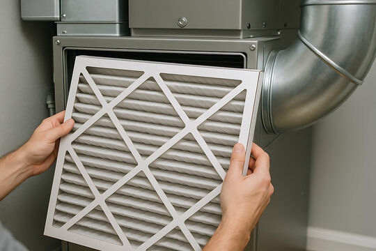 furnace, filter, air. A person is installing or replacing a pleated air filter in a home HVAC system.