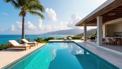 Fototapeta premium Luxurious Oceanfront Villa Rental Private Pool, Expansive Terrace, Unforgettable Vacation