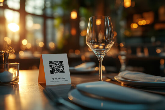 A QR code on a table next to a wine glass.