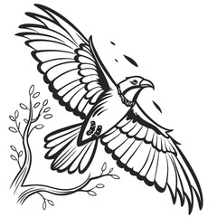 Soaring bird with outstretched wings and stylized branches