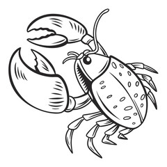 Black ink drawing of a crab with claws and legs crustacean