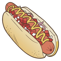 Hotdog with toppings and bun sausage mustard