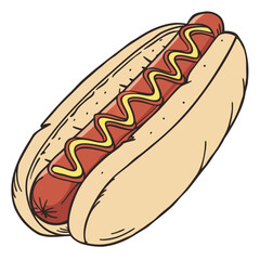 Red sausage with yellow mustard in bun hotdog