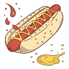Hot dog with mustard and ketchup splashes sausage
