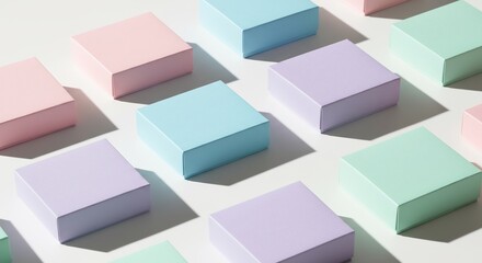Obraz premium Pastel Boxes Pattern: Minimalist Arrangement with Soft Shadows on White Background