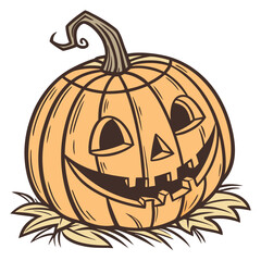 Grinning jack o lantern with stem and leaves pumpkin