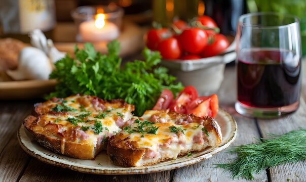 A rustic wooden table with a ceramic plate arranged with homemade mini pizzas on sliced French bread, Generative AI