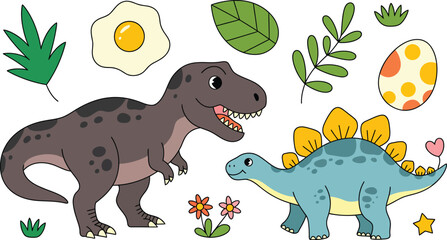 Cute dinosaurs illustration for kids t rex stegosaurus vector design cartoon dinosaur drawing clipart set