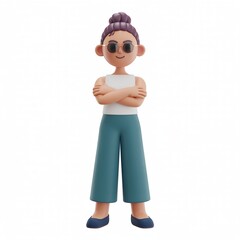 Woman Sunglasses: Cartoon woman with bun, sunglasses, arms crossed, white shirt, blue pants, white background illustration.
