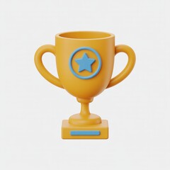 Yellow trophy cartoon style, blue star in circle, isolated white background, achievement, award, prize, success, recognition, winner, simple, modern, icon