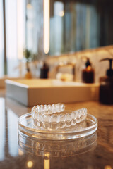 realistic close-up of clear dental aligners braces placed on a glass tray