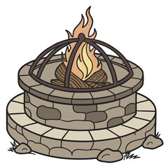 Stone fire pit with flames outdoor