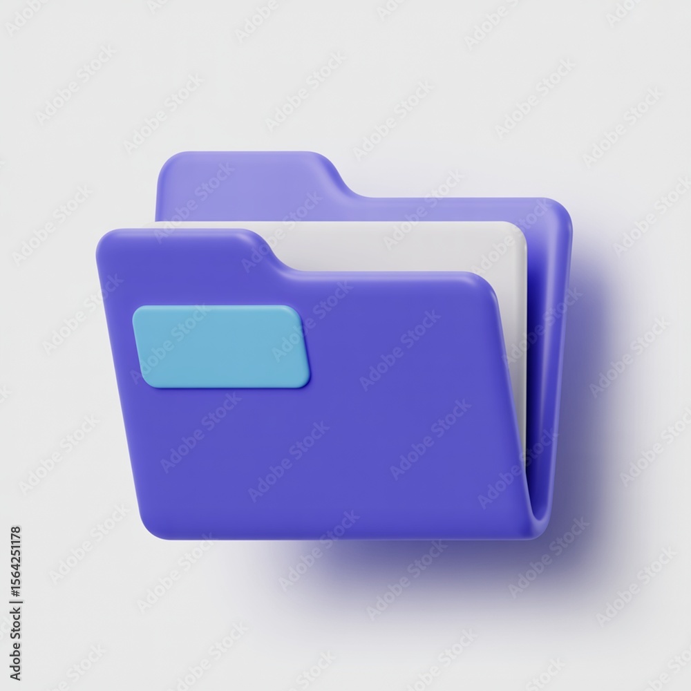 Fototapete close-up purple folder with light blue label and white sheets, white gradient background, digital fo