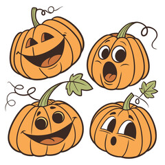 Four cartoon pumpkins with expressive faces halloween