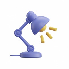Cartoon purple desk lamp with yellow bulb emitting light beams on white background, symbolizing workspace, study, creativity, illumination, focus, reading, office, modern design, lighting.