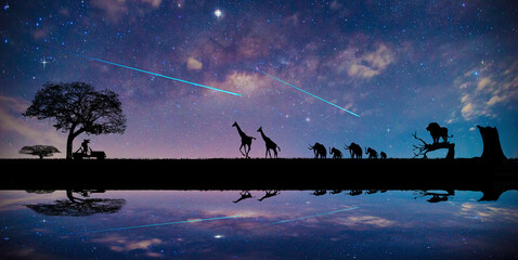 comet on  blue night sky milky way and star on dark background.Universe filled with stars, nebula...