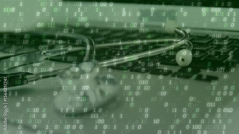 Poster binary digits fading in shifting focus from laptop keys to stethoscope visualizing medical data