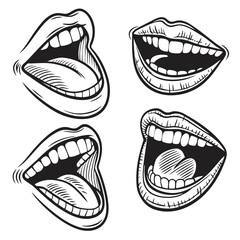 Expressive human mouths open wide black and white lips