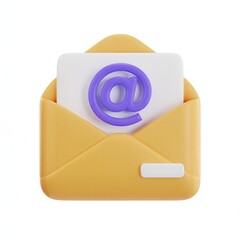 3D yellow envelope with white card showing purple �@� symbol, email, communication, digital...
