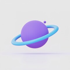 3D purple planet with blue ring and small satellite on white background, space theme, astronomy, sci-fi, modern, minimalist, celestial, digital art, cosmic, clean, isolated illustration.