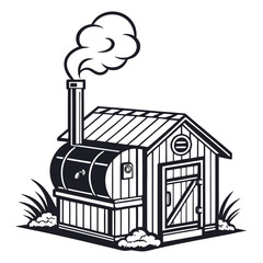 Smokehouse building with smoke billowing from chimney