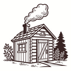 Rustic smokehouse with chimney smoke and surrounding foliage