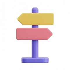 Vibrant signpost with yellow and pink arrows on purple post against white background, travel, direction, guidance, navigation, choice, modern, colorful, clean, minimal design.
