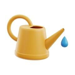 Studio shot yellow watering can with blue water droplet, isolated on white background, gardening, growth, plant care, eco, nature, clean simple design.